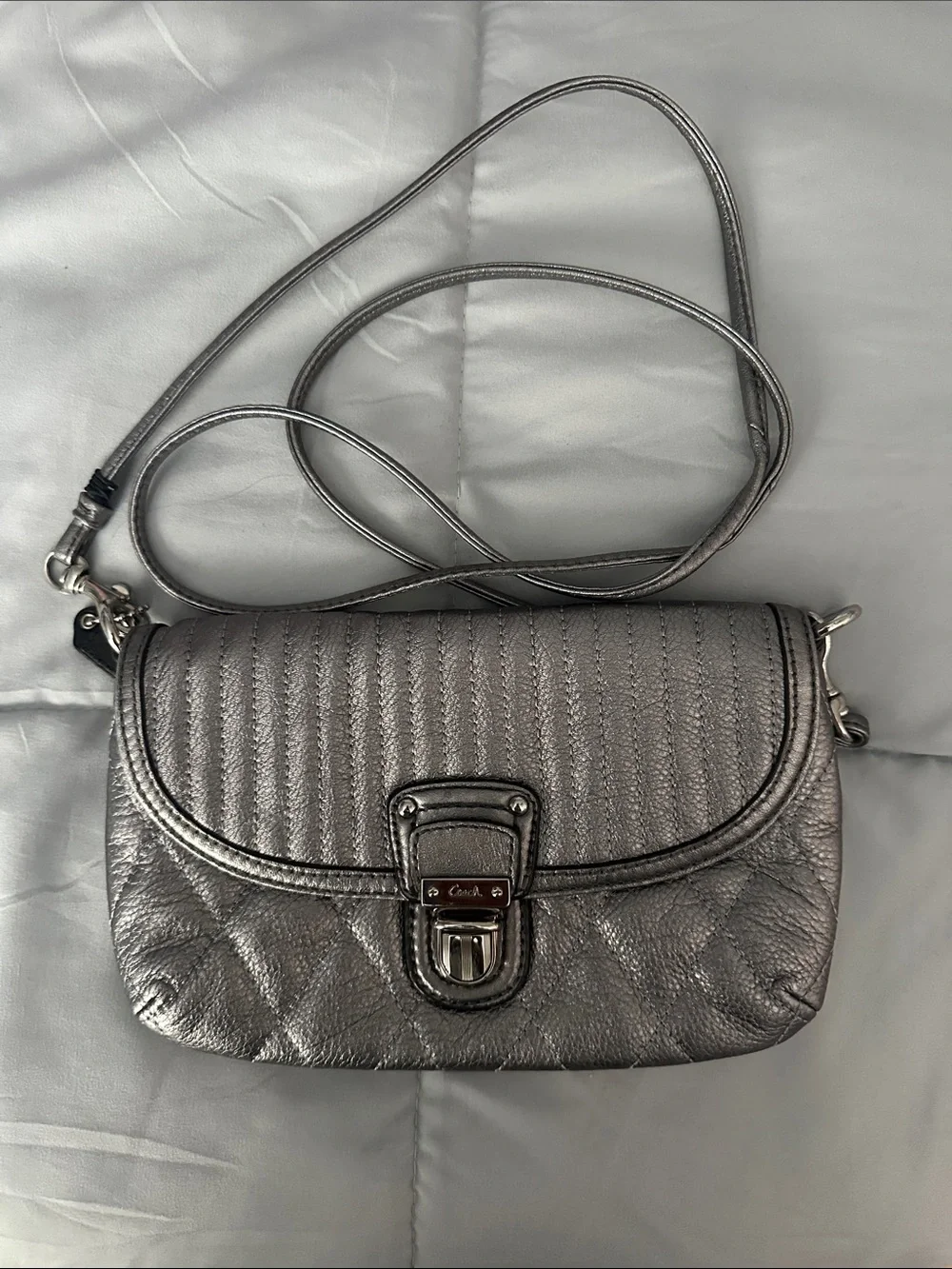 Coach Metallic Silver Quilted Flap Crossbody